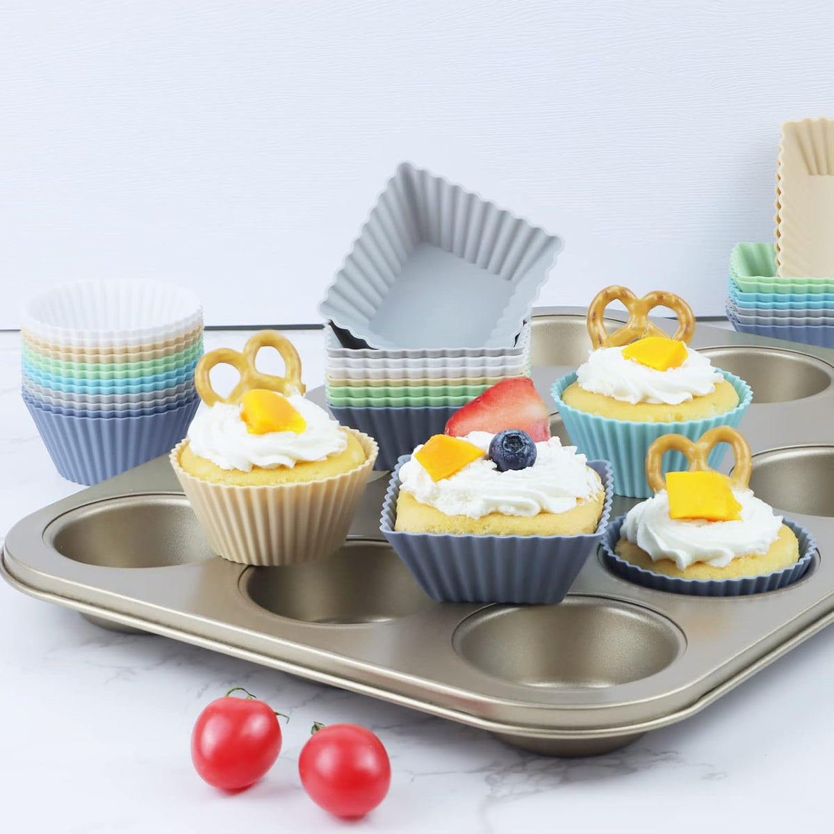 12-Pack Silicone Cupcake Liners, Reusable Muffin Cups – Round, Square & Rectangle Baking Cups, Non-Stick, Easy to Clean, Bento Box Accessories, Lunch Box Dividers for Kids