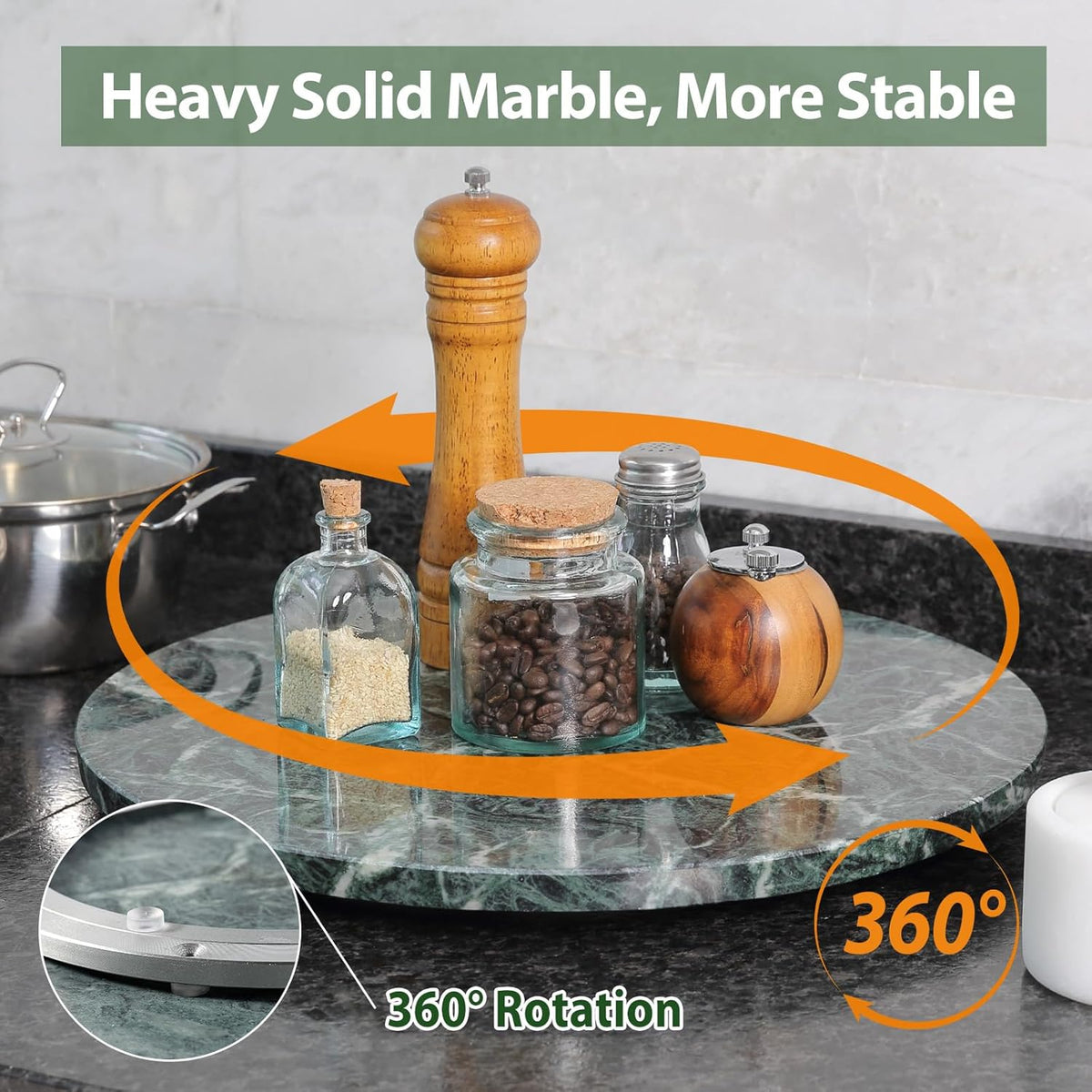 Marble Lazy Susan, 16 in Turntable Organizer for Cabinet Pantry Kitchen Countertop Fridge Bathroom Makeup Vanity Countertop, Detachable Organizer (Indian Green)