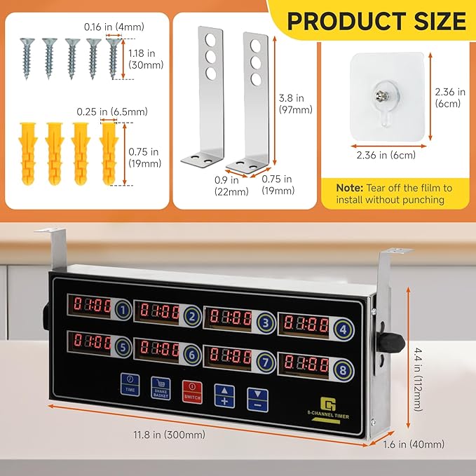 Commercial Kitchen Timers for Cooking, 8-Channel Timer for Commercial Kitchens, Heavy-Duty Loud Alarm Timer for Restaurants, Stainless Steel, LED Technology