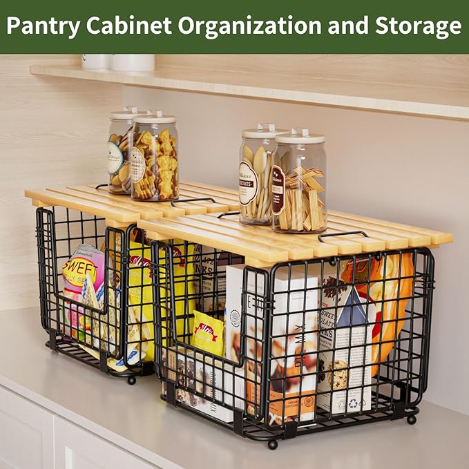 Wire Storage Basket for Kitchen Pantry: GGIU Stackable Kitchen Counter Organizers - Wire Organizing Bin for Produce Vegetable Potato and Onion Black