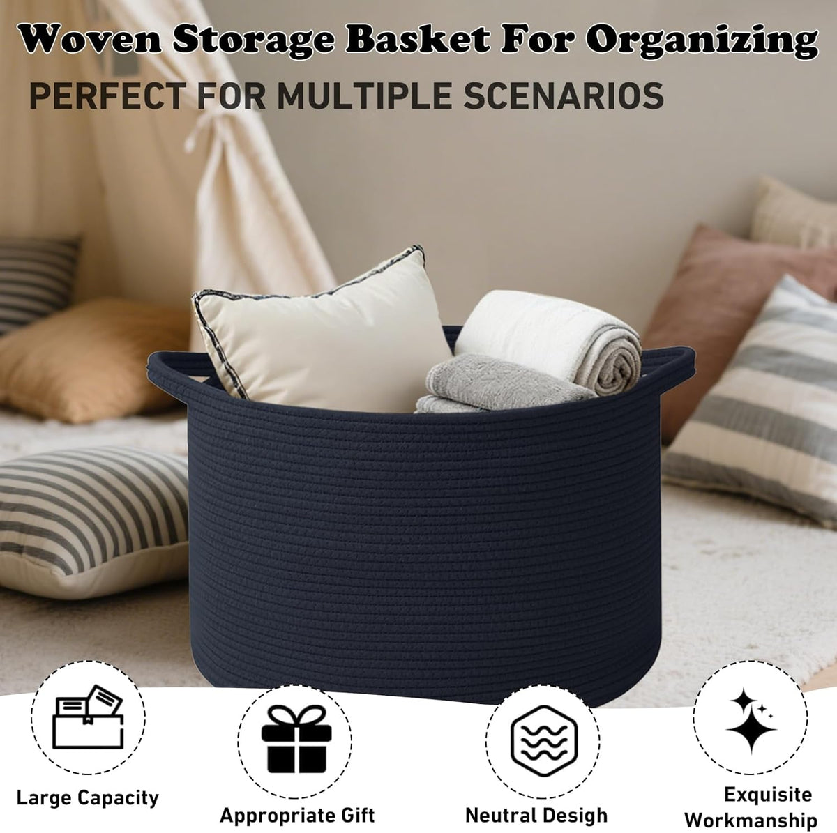 Large Blanket Basket for Organizing,65L Closet Organizers and Storage Bins Box for Shelves Woven Rope Storage Baskets,Living Room,Bedroom,Dorm,Laundry room (Navy)
