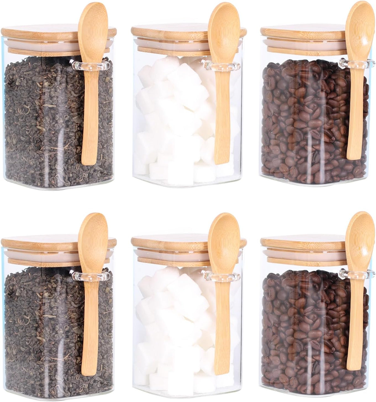 Glass Jar with Bamboo Lid and Spoon,Set of 6 Square 17 OZ Tea Containers for Loose Leaf Tea, Salt and Sugar Containers for Countertop, Yogurt Jars for Overnight Oatmeal