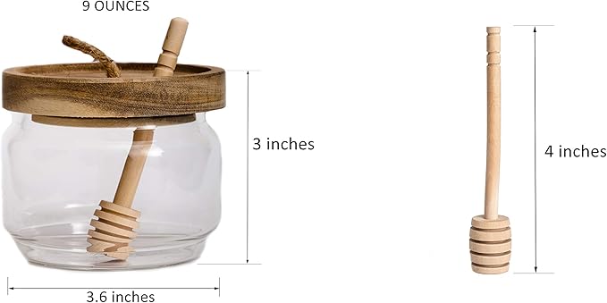 Honey Jar Pot Glass Holder Dispenser Set with Wooden Dipper Stick and Acacia Lid Cover for Home Kitchen, Clear, Modern Honey Syrup Glass Container for Storage Gift, Honey Pot and Drizzler (9 Oz)