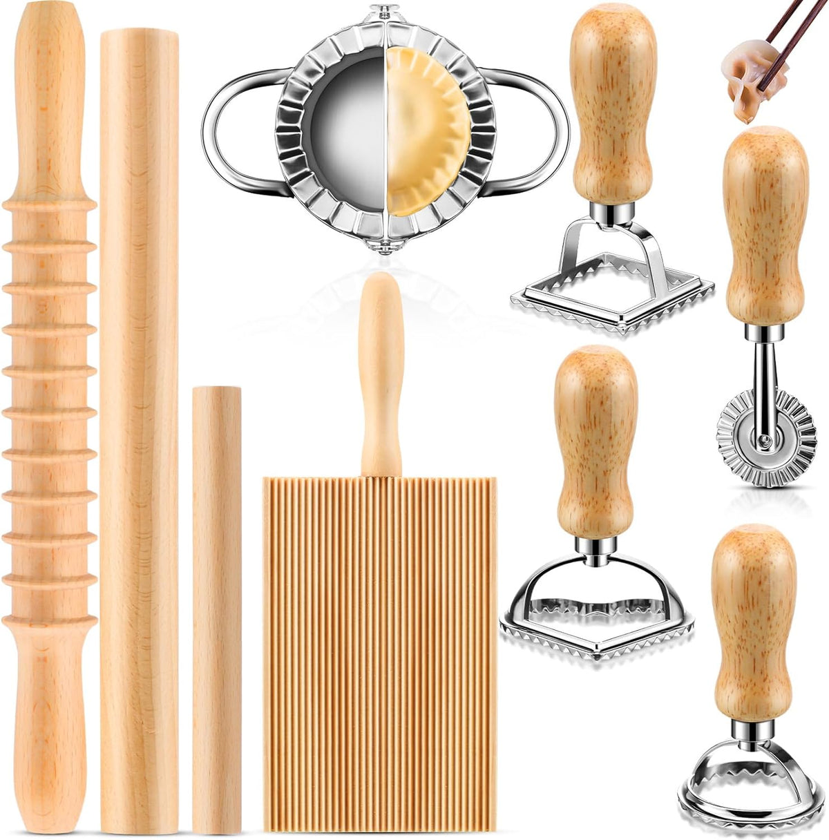 9 Pcs Gnocchi Pasta Making Tools kit - Gnocchi Board, Pasta Cutter, Ravioli Stamp, Wood Threaded Pasta Roller Pin Set, Noodle and Dumplings Maker, Homemade Kitchen Gift for Pasta Lovers