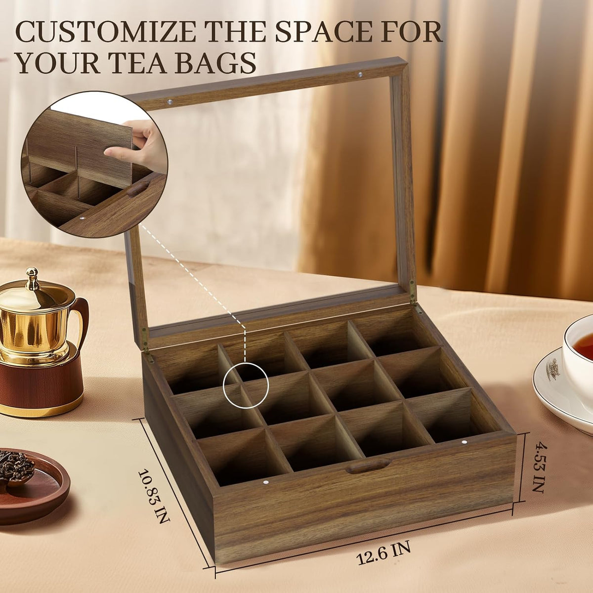 Acacia Wood Tea Bag Organizer, 12 Compartments Tea Box Organizer Storage Box, Teabag Holder Organizers with Clear Acrylic Window, Magnetic Lid and Removable Dividers