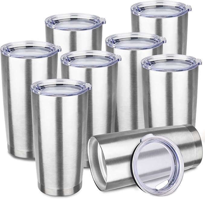 StarSpeed 20oz Tumbler Bulk with Lid, Stainless Steel Insulated Tumblers Double Wall Vacuum Insulated Travel Mug, Powder Coated Coffee Cups for Hot and Cold Drinks(Silver,8)