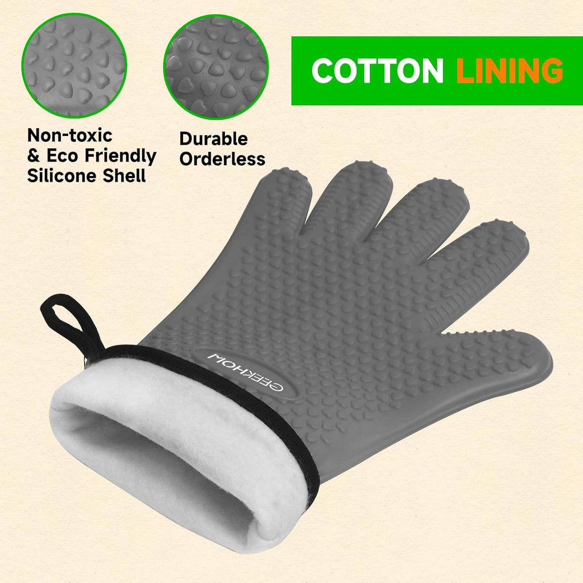 GEEKHOM BBQ Gloves Heat Resistant Oven Mitts - Silicone Grilling Gloves with 13.7" Arm Protection - Waterproof Pot Holder Non-Slip for Men & Women, Kitchen Outdoor Cooking, Baking, Camping, Light Gray