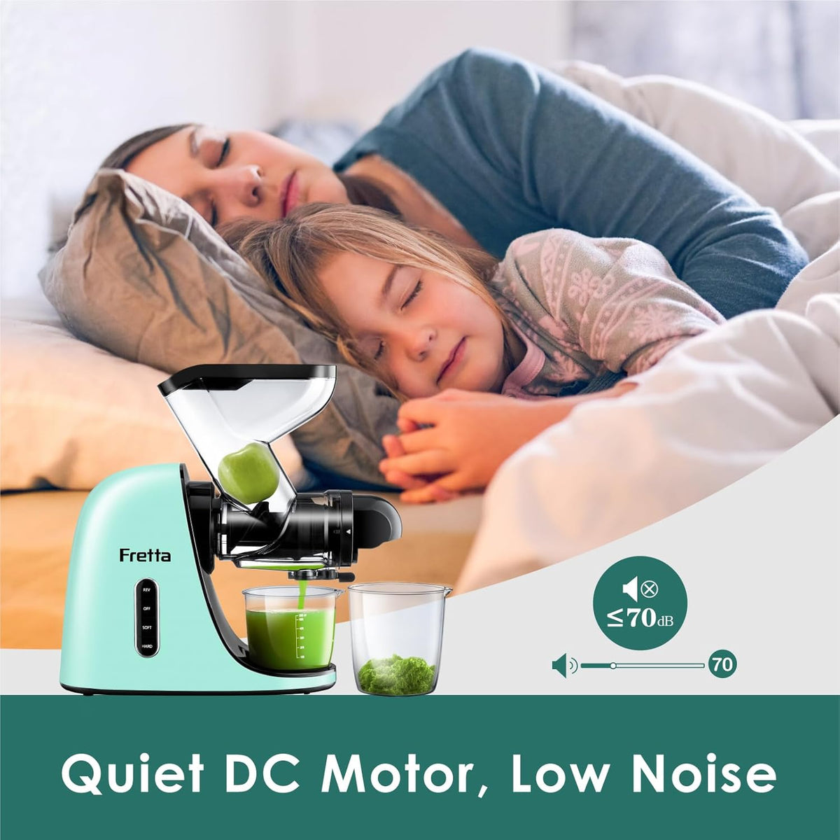 Masticating Slow Juicers, Fretta Wide Feeding Chute Cold Press Juicer, BPA-Free, Celery Juicer Extractor with Quite DC Motor & Reverse Function, 2 Speed, 200W(Light blue)