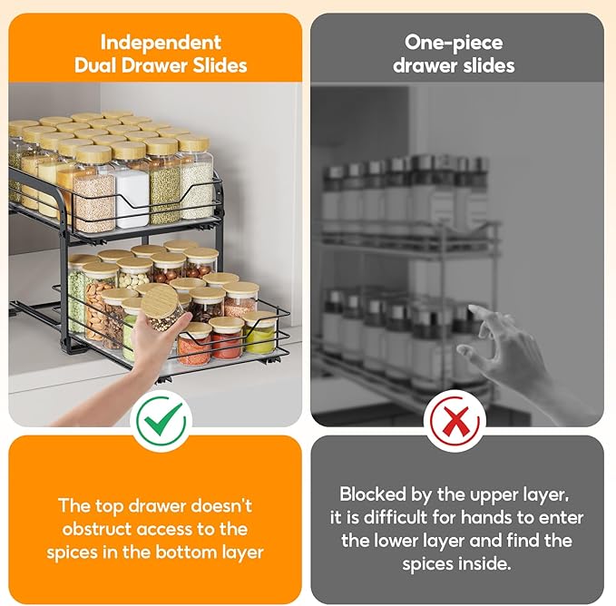 Spice Rack Organizer for Cabinet, 2 Tier Vertical Pull Out Spice Rack – Heavy Duty Metal Spice Organization for Cabinet, 40-Jar Capacity, Height Adjustable Cabinet Organizer (9"W×10.5"D×9"H, Black)