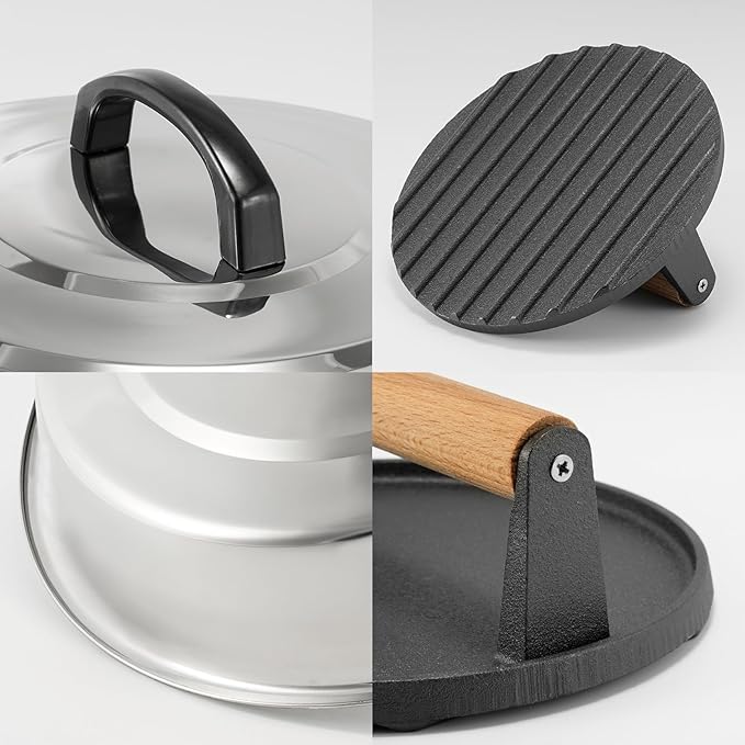 BBQ Accessories 12 Inch Round Stainless Steel Basting Cover - Cheese Melting Dome Round Cast Iron Grill Press Kit for Hamburger Bacon Steak, Best fits for Blackstone Camp Chef Flat Top Griddle Grill