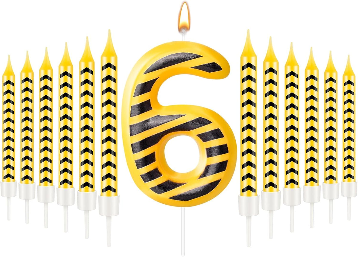 13 Pcs Construction Themed Birthday Candles Set Yellow and Black Number 6 Candle Cake Topper for Construction Party Decoration Supplies (Number 6)
