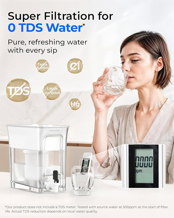 Waterdrop 0 TDS 35-Cup Slim Water Filter Dispenser, Large Capacity, Reduces TDS, Chlorine, PFOA/PFOS and More, BPA Free, White (with 1 Filter)