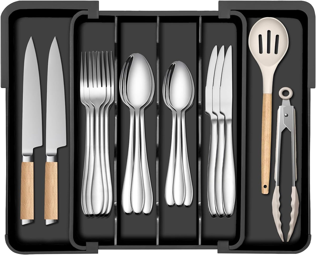 Kitchen Silverware Organizer for Drawer - Expandable Silverware Drawer Organizer Adjustable Utensil Drawer Holder, Flatware Cutlery Tray for Spoons Forks Kitchen Organizers Storage,Black,M
