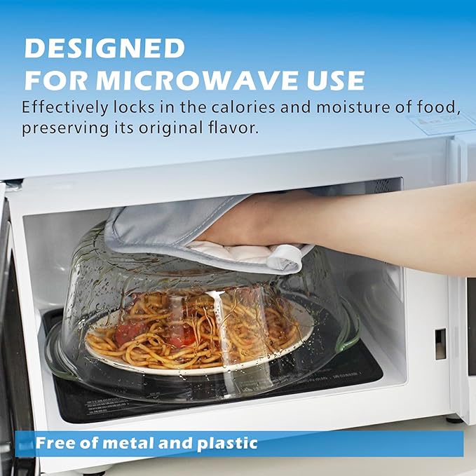 Tall Glass Microwave Splatter Cover for Food with Vent Hole 100% Food Safe 10in Plate Splatter Guard Lid with Silicone Knob BPA Free Cookware Serving Dish Cover Dishwasher Safe