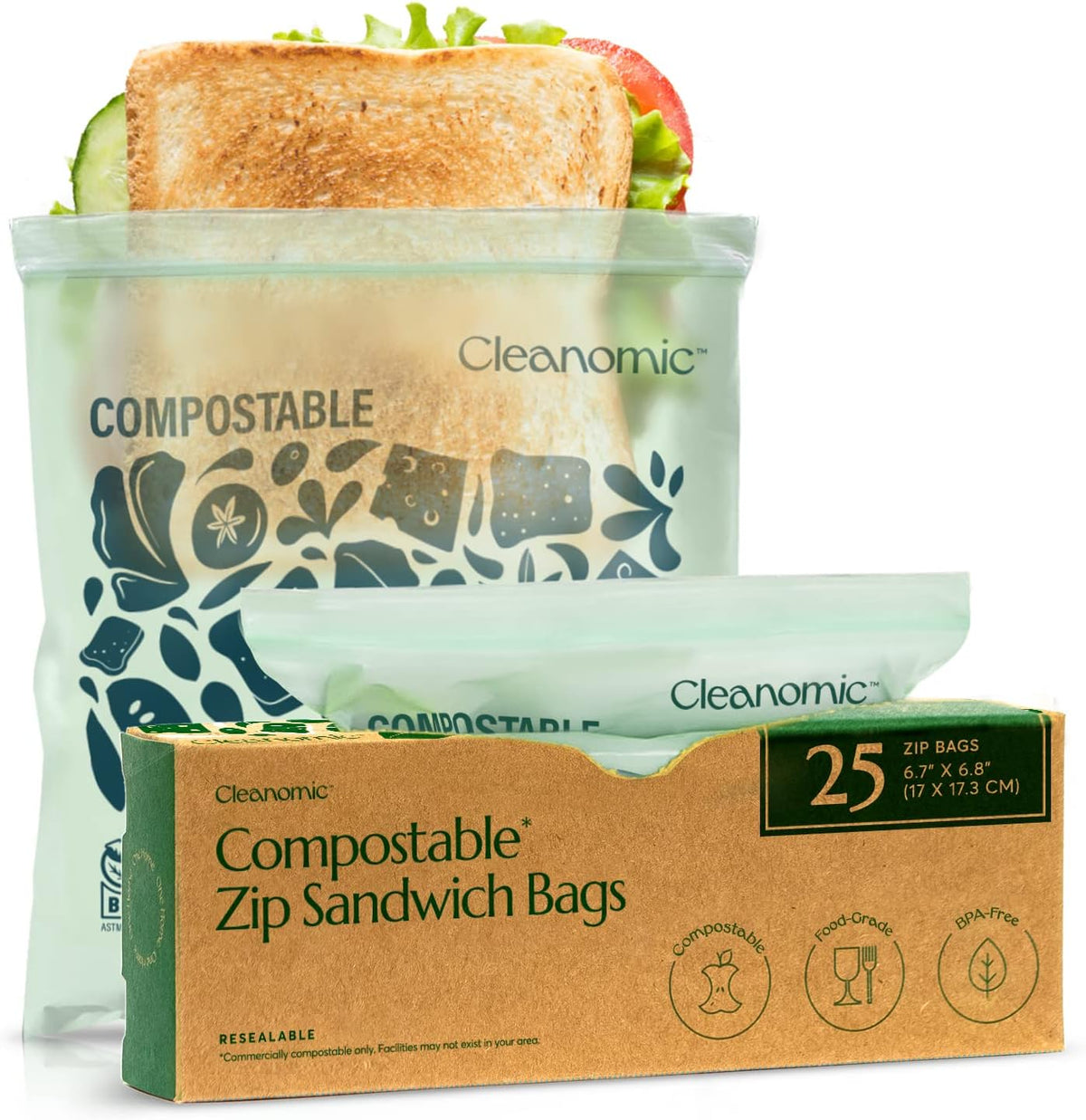 Cleanomic Compostable* Sandwich Size Food Storage Bags (25 Eco Zip) Freezer and Leak Proof, Also Available Gallon, Quart and Snack Size Bags