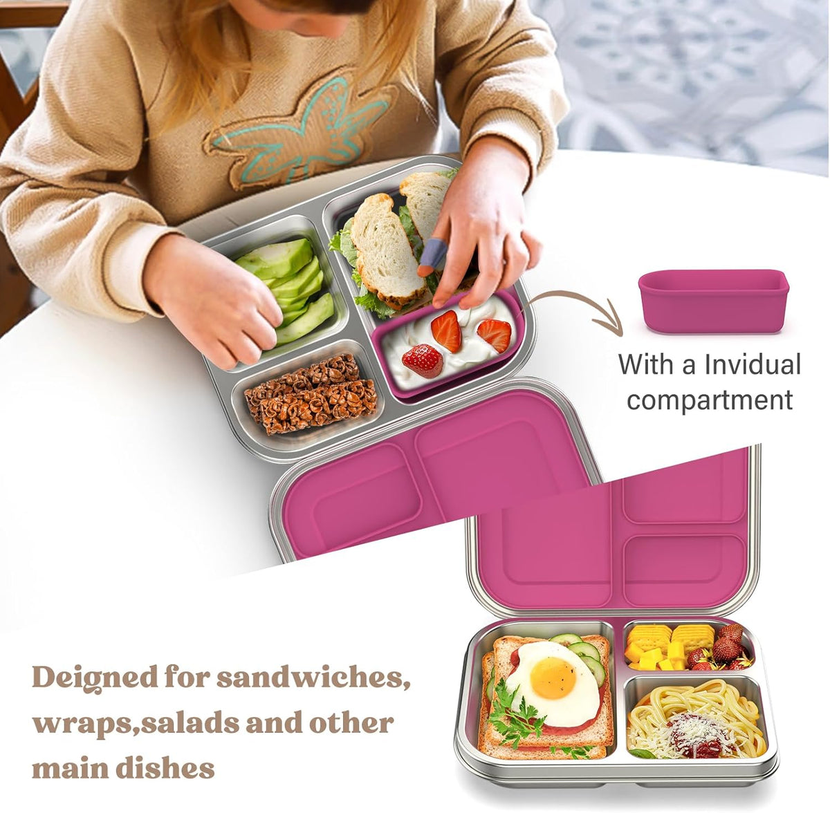 Stainless Steel Bento Box Kids, 3 Compartments Leak Proof Metal Bento Lunch Box, 304 Stainless Steel Bento Lunch Containers for School and Office,Dishwasher Safe, BPA-Free-Pink