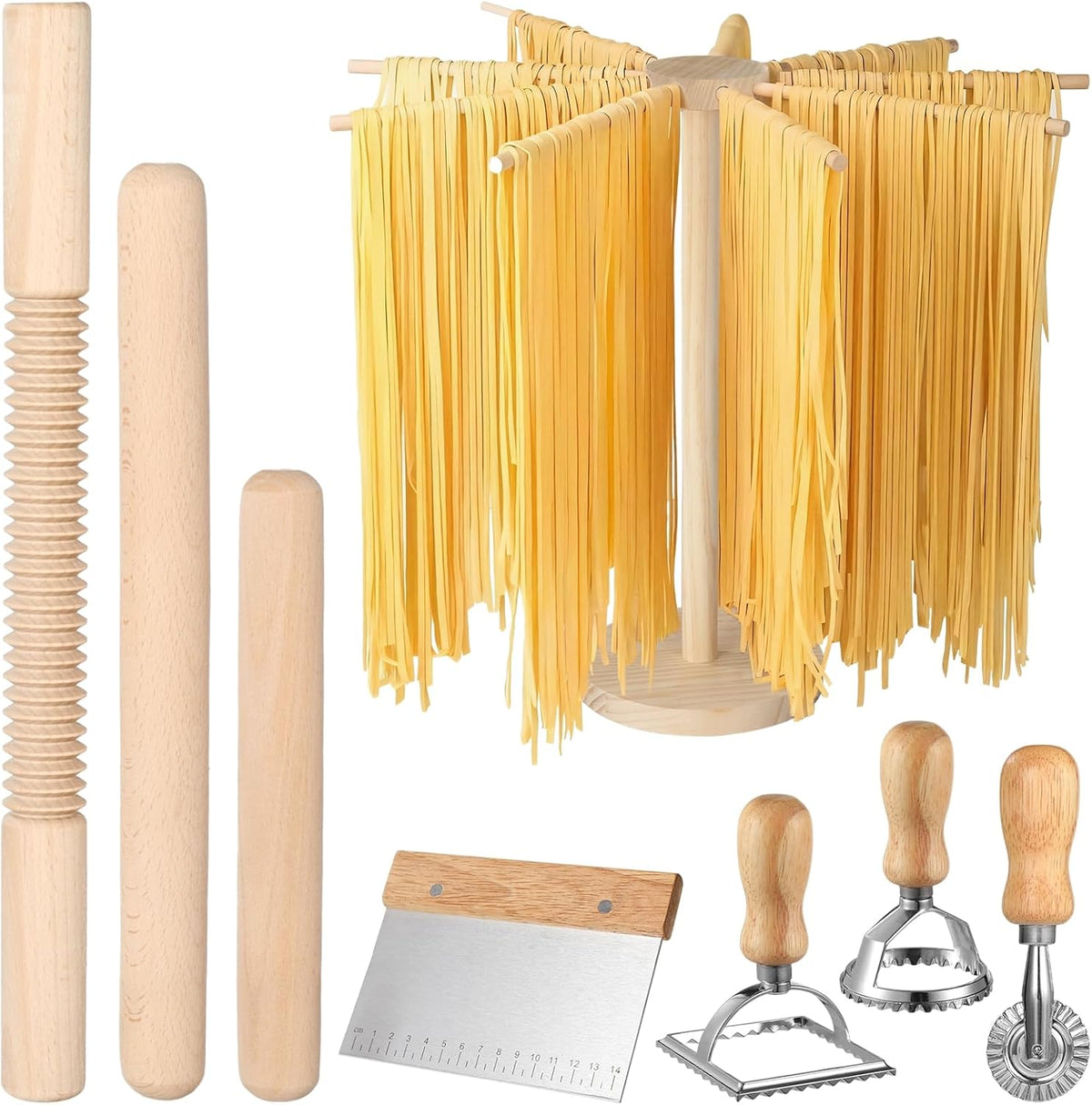 8 Pcs Pasta Making Tools, Wood Pasta Maker Kit, Includes 1 Pasta Drying Rack, 3 Rolling Pins, 1 Dough Cutter, 2 Pasta Stamps, and 1 Ravioli Cutter, Homemade Pasta Making Supplies