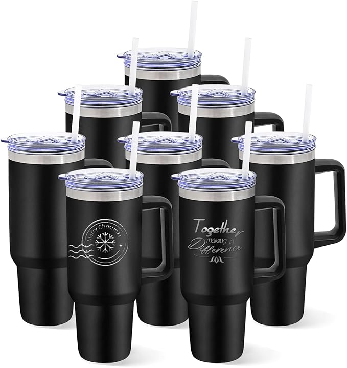 8 Pack Stainless Steel Tumblers with Handle Bulk Double Wall Powder Coated Insulated Tumbler with Lid and Straw for Laser Engrave, DIY Gift, 40oz Black