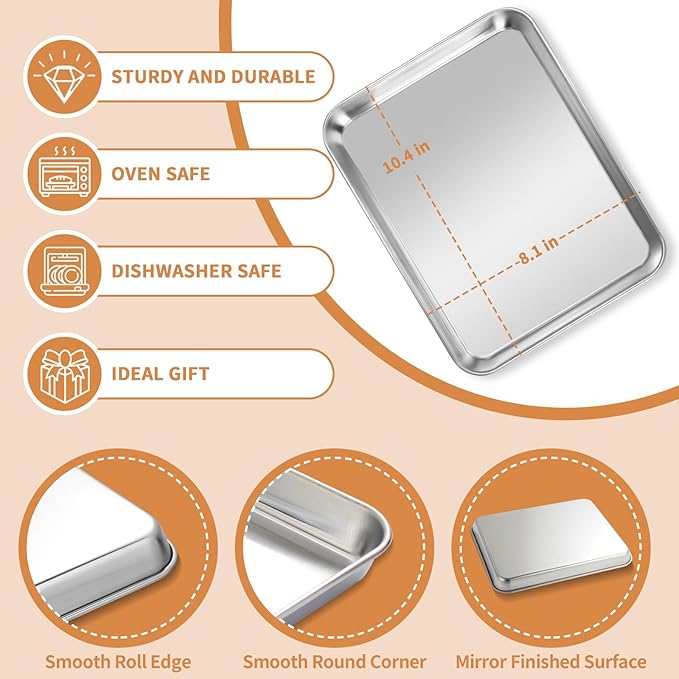 Stainless Steel Baking Sheet Set of 2, Deedro Cookie Sheet Metal Baking Pan Oven Tray, Non Toxic & Heavy Duty, Rust Free & Mirror Finish, Easy Clean & Dishwasher Safe, 10 x 8 x 1 Inch