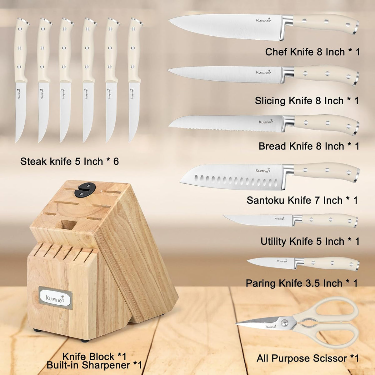 Kuisine Premium Sharp Knife Set,High Carbon Stainless Steel Ergonomic Handle,Knife Block Set with Built-in Sharpener(15PCS,Ivory)