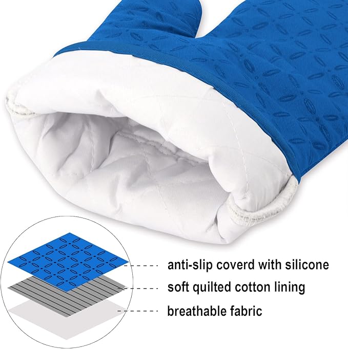 KEGOUU Oven Mitts and Pot Holders 6pcs Set, Kitchen Oven Glove High Heat Resistant 500 Degree Extra Long Oven Mitts and Potholder with Non-Slip Silicone Surface for Cooking (Royal Blue)