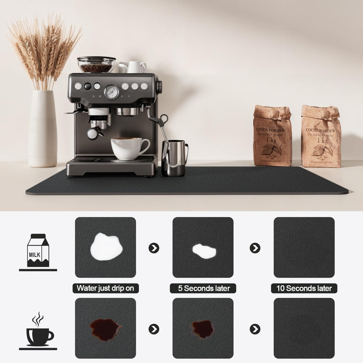 Dish Drying Mat for Kitchen Counter | Coffee Bar Mat for Countertops | Heat Resistant Drainer Mat with Non-slip Rubber Backed | Hide Stain Kitchen Absorbent Draining Mat | Black 16"x20"