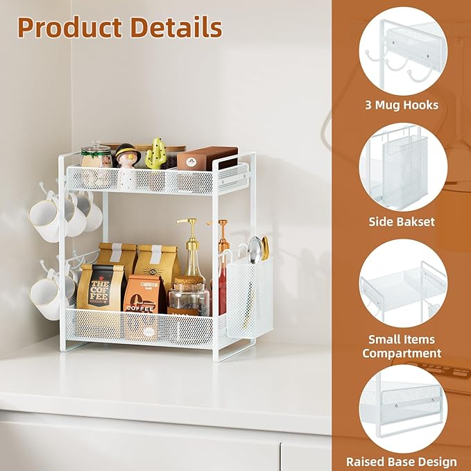 VITVITI Coffee Bar Organizer with Mug Holder, Metal Coffee Station Organizer for Countertop, 2 Tier Cup Mug Holders Rack with Basket for Kitchen Office, White
