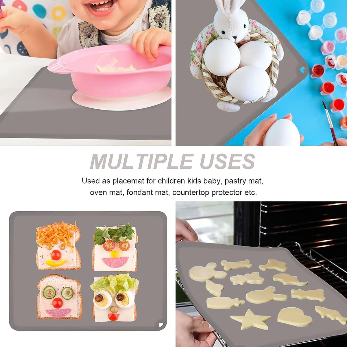 Kids Silicone Placemat, KVK Baby Placemats for Kids Toddler Children Reusable Non-Slip Table Mats Baby Food Mats for Restaurant, 4 Pack, Gray