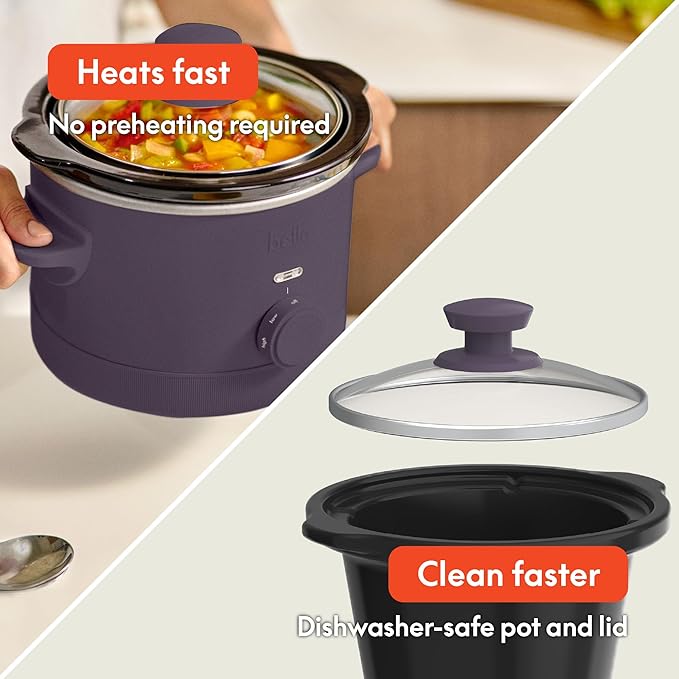 bella 1.5 Qt Slow Cooker with 3 Heat Manual Control, Ceramic Nonstick Coating, Dishwasher Safe Stoneware Pot and Tempered Glass Lid, Tangle Free Cord Wrap & Cool Touch Handles, Plum