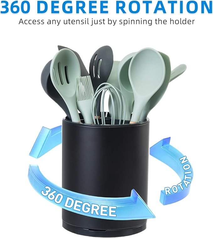 Utensil Holder,Large 360°Rotating Kitchen Utensil Holder For Counter,Cooking Silverware Organizer Stainless Steel Caddy Flatware Spoon Spatula Tool Cutlery Container