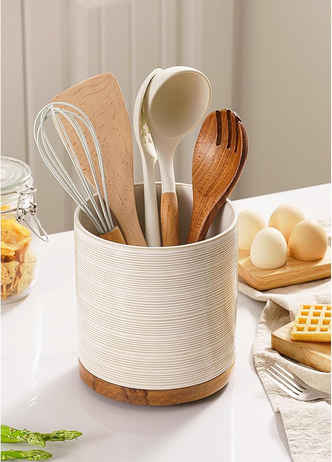 Utensil Holder, 360° Rotating Extra Large Ceramic Kitchen Utensil Holder for Countertop, 7.3“ Cooking Utensil Crocks for Kitchen Counter with Rotatable Wooden Base, Farmhouse Decor, Arctic White
