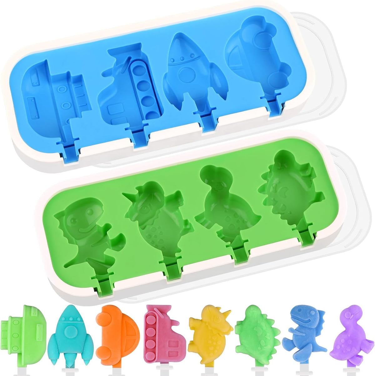 Sakolla 2 Pack Silicone Popsicle Molds with Sticks & Lid, 4-Cavity Mini Popsicle Molds for Kids - Cars, Ships, Train, Rocket and Dino Shapes (Green & Blue)