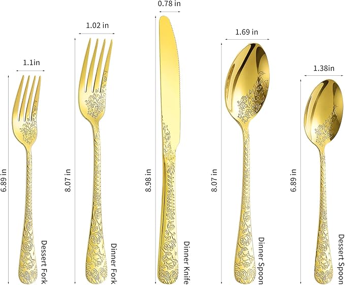Floral 40 Pcs Gold Silverware Set for 8, Food Grade Stainless Steel Flatware Set with Rose Flower Embossed Design, Eating Utensils Sets Include Fork/Knife/Spoon, Reusable Cutlery Set, Dishwasher Safe