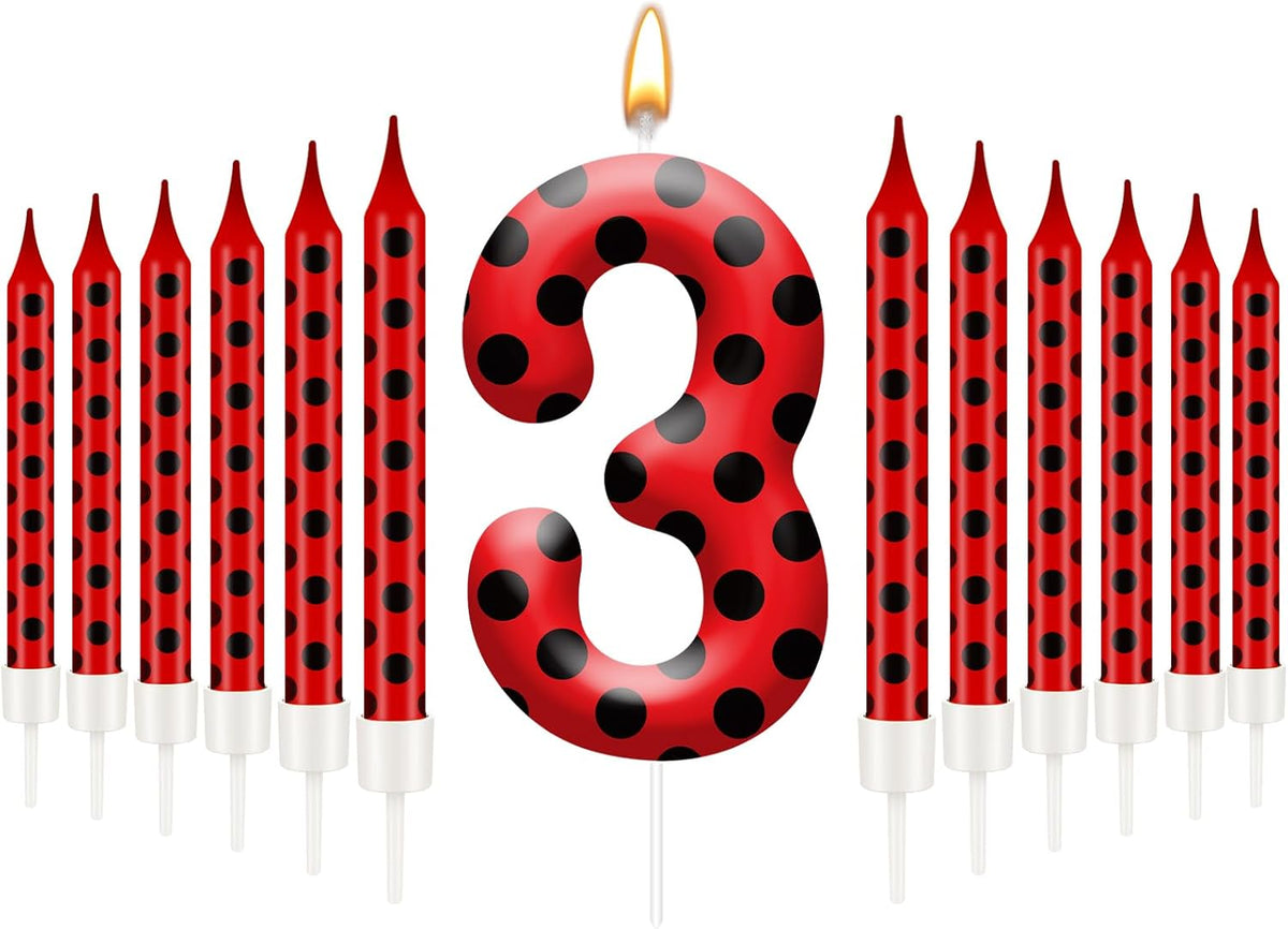13PCS Ladybug Theme Birthday Candles Set - Red & Black Polka Dot Decorative Candles for Kids Ladybug Themed Parties, Baby Showers, Birthday Cakes, and Ladybird Inspired Celebrations(Number 3)