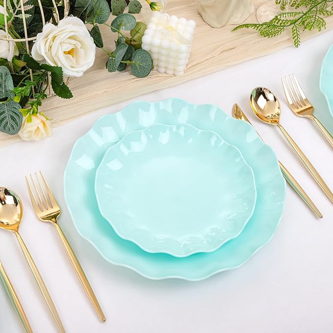 LIYH 24 Pcs Plastic Blue Plates Reusable - Unbreakable Ice Blue Party Scalloped Plates, Microwave & Dishwasher Safe Camping Plate Perfect for Parties, Wedding, Birthday, BPA Free (12Guests)