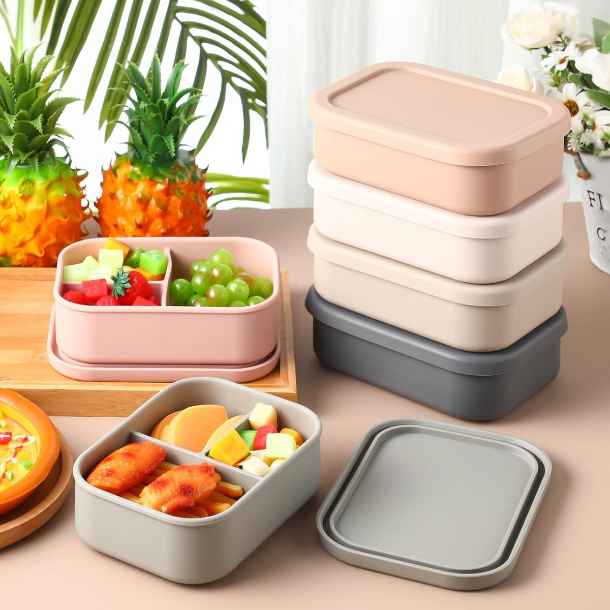 Honeydak 6 Pcs Silicone Bento Box 3 Compartment Reusable Lunch Container Smooth and Leakproof Meal Prep Lunch Box with Lid Stackable Meal Prep Container for Work Travel, 6 Colors(Light Colors)