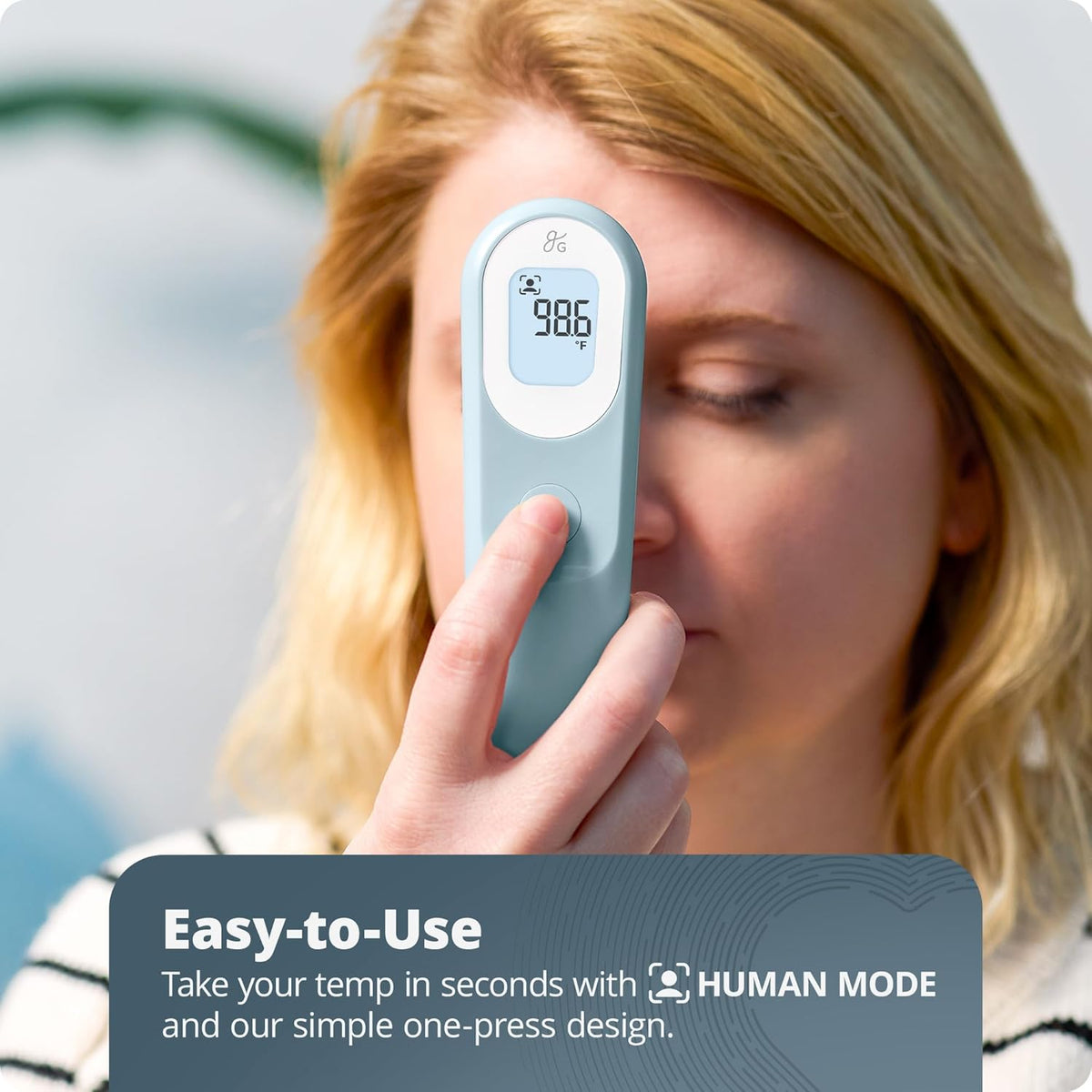 Greater Goods No-Touch Infrared Digital Thermometer for Adults, Kids, and Babies, Forehead Thermometer with Ergonomic Grip, Fever Alarm, Powder Blue