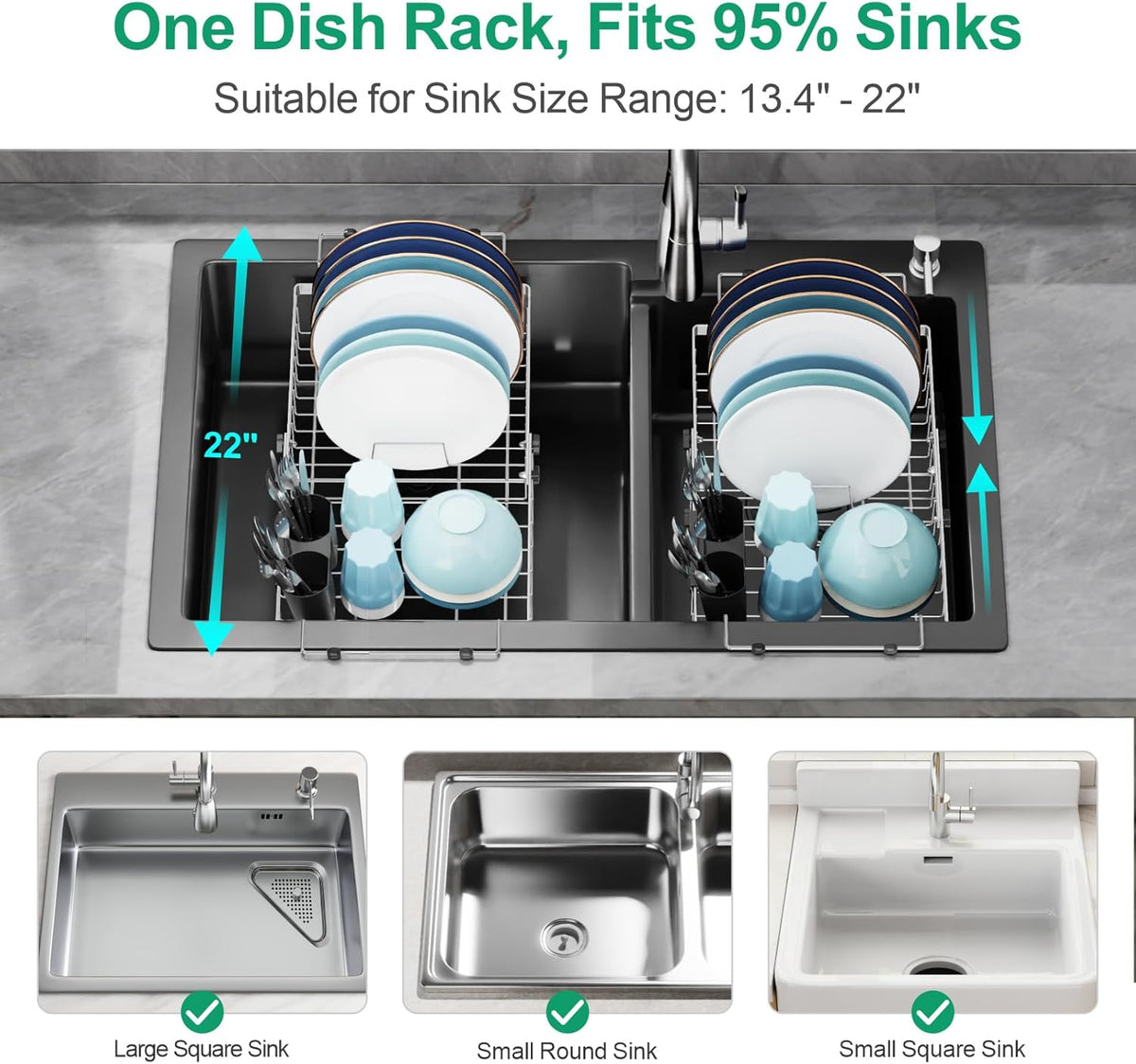 GSlife Expandable in Sink Dish Drying Rack - Stainless Steel Capacity Adjustable Over The Sink Dish Rack, Dish Drainer for Kitchen Sink Counter with Utensil Holder, 13.4"-20.5" L x 12.8" W, Silver