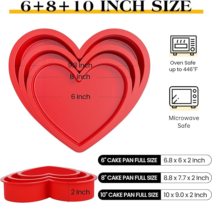 3 Pcs Silicone Heart Shaped Cake Pans 10 Inch 8 Inch 6 Inch Mini Small Large Heart Cake Pan Set Nonstick Silicone Heart Molds for Baking (Red)