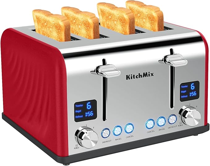 Toaster 4 Slice, KitchMix Bagel Stainless Toaster with LCD Timer, Extra Wide Slots, Dual Screen, Removal Crumb Tray (Red)