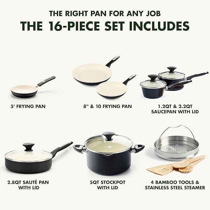GreenPan Rio 16 Piece Cookware Pots and Pans Set, Hard Anodized Healthy Ceramic Nonstick PFAS-Free, Bakelite Handles, Frypans, Saucepan, Saute Pan, Stock Pot, Kitchen Tools, Dishwasher Safe, Black