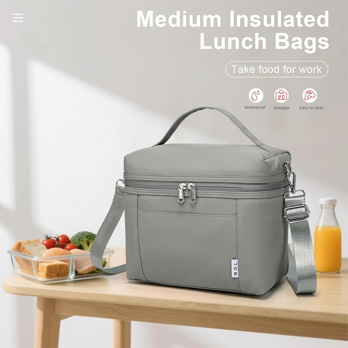 NOL Natural Organic Lifestyle Insulated Lunch Bags for Women Cooler Bag Lightweight Nylon Waterproof Lunch Box For Work (Cool gray, Medium(normal))