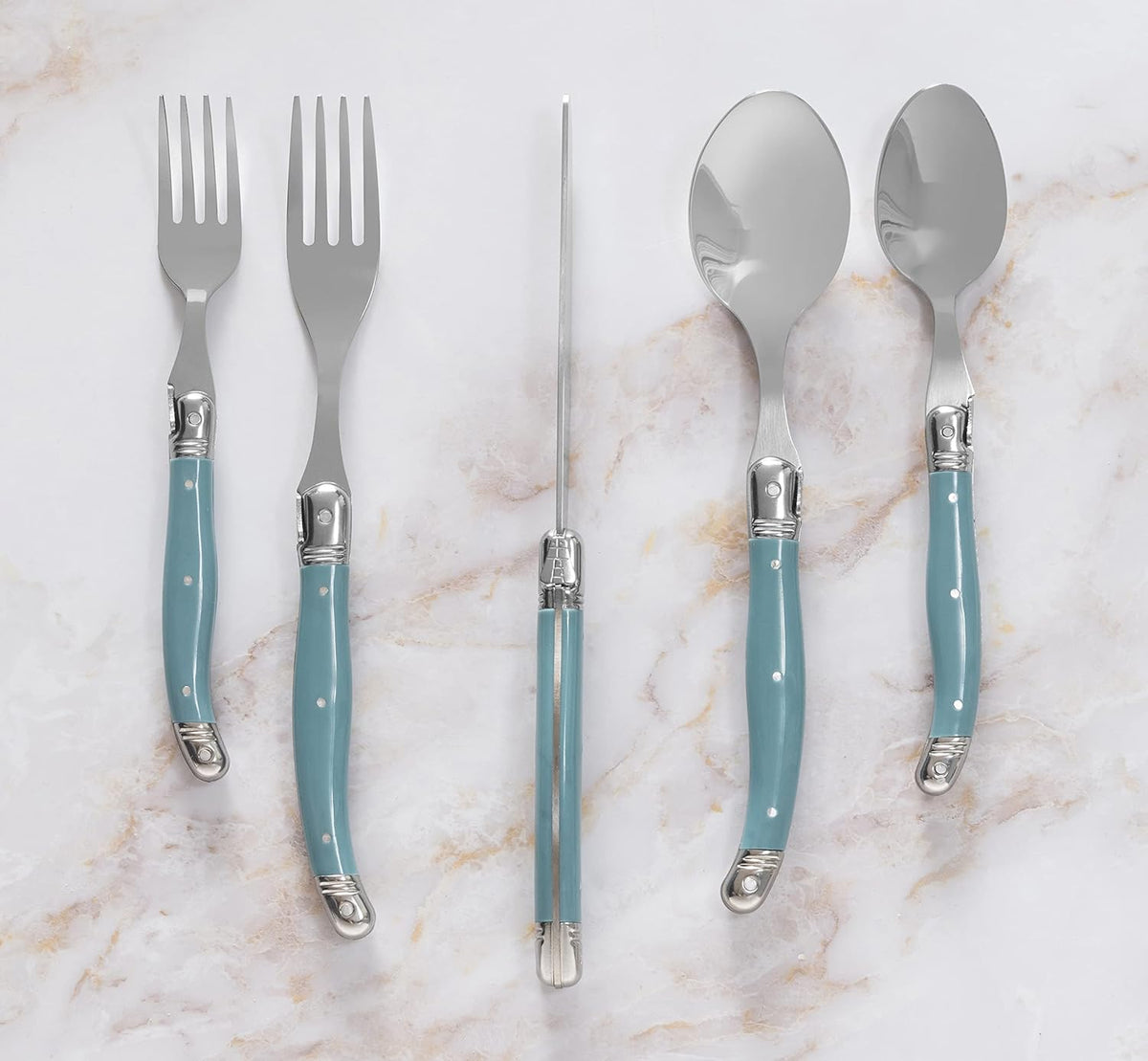 French Home Laguiole 20 Piece Flatware Set – Stainless Steel Flatware Set for 4 – Luxurious Aegean Teal Utensil Set with Knives, Spoons and Forks