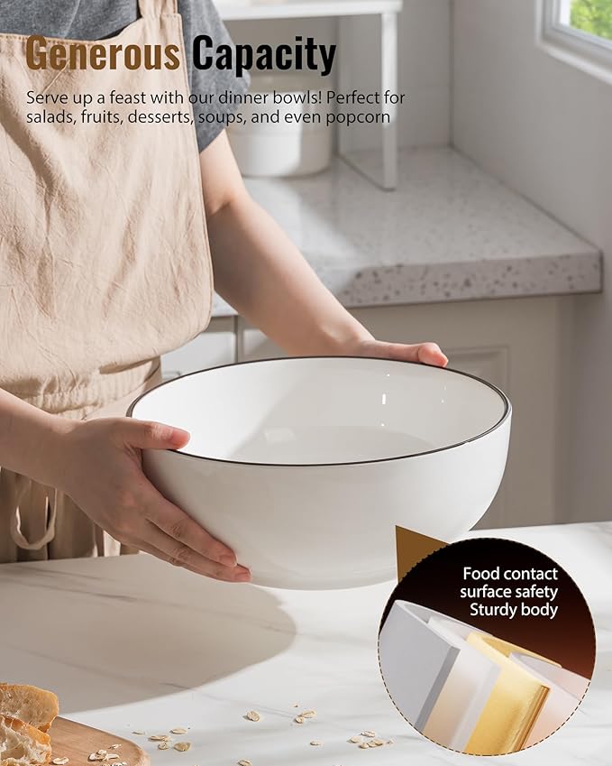 Salad Bowls, 120 OZ(10") Large Serving Bowls Set of 2, Ceramic White Serving Bowls for Salad, Soup, Pasta and Dinner, Large Porcelain Bowl Set for Entertaining with Black on the Rim