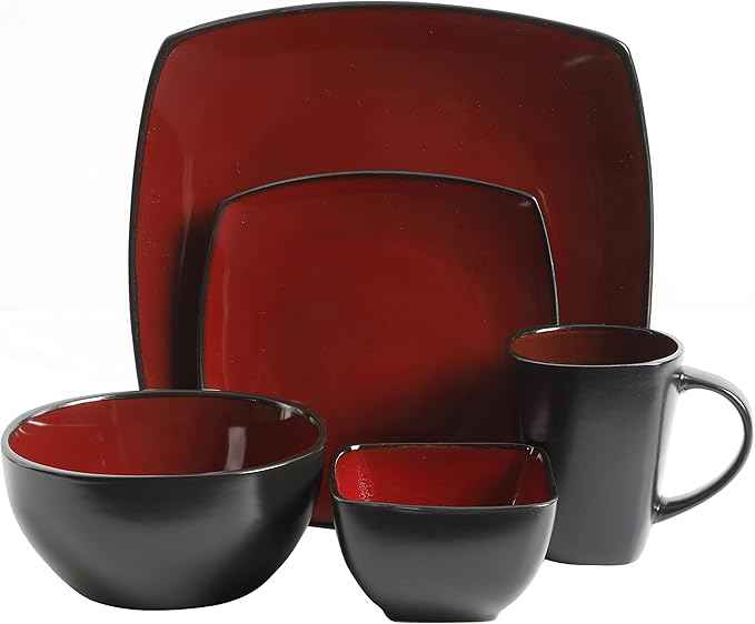 Gibson Elite Soho Lounge Square Reactive Glaze Stoneware Dinnerware Set, Service for 8 (40pc), Red/Black