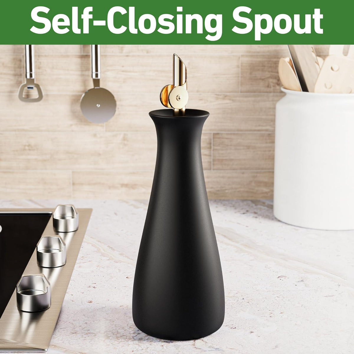 HB Design Co. Ceramic Olive Oil Dispenser with Self-Closing Gold Spout - 530 ML Capacity Matte White Ceramic Oil Dispenser for Kitchen - Leak Proof EVOO Dispensing Bottle