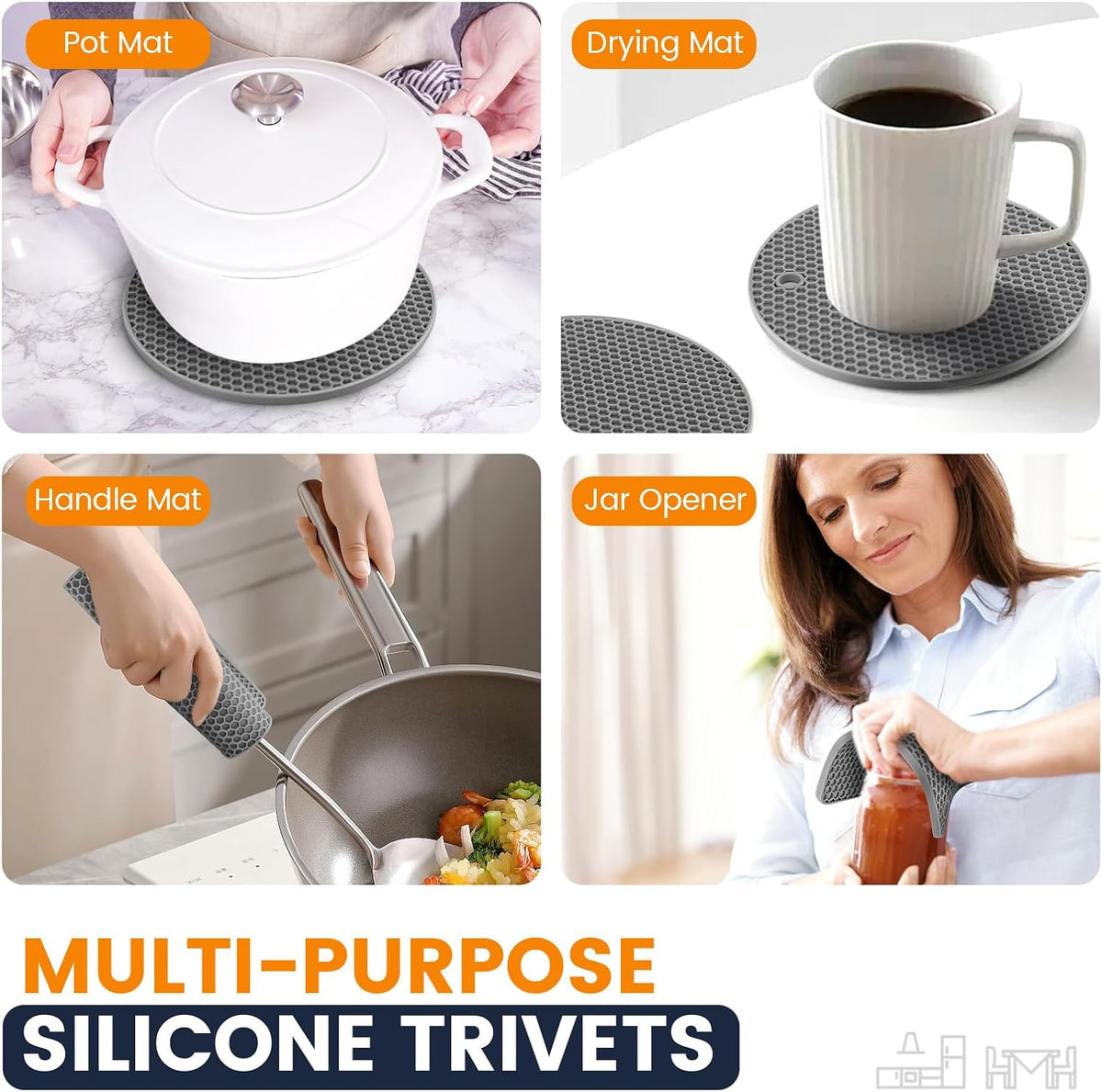 Silicone Trivet Mats 4 Heat Resistant Pot Holders Multipurpose Non-Slip Hot Pads for Kitchen Potholders, Drying mat, Jar Opener, Spoon Holder, Coaster.(Dark Grey)