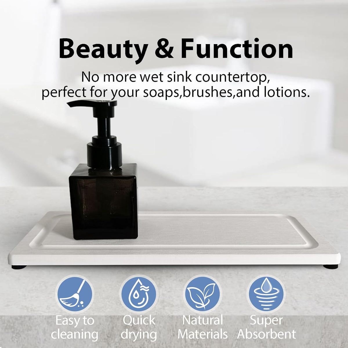 2 PCS Fast-Drying Stone Trays for Bathroom Sink & Kitchen Counter, Water Absorbing Diatomite Sink Coasters, Vanity Tray, Hand Soap Holder with Anti-Skid Pads (11" x 4.7" White)
