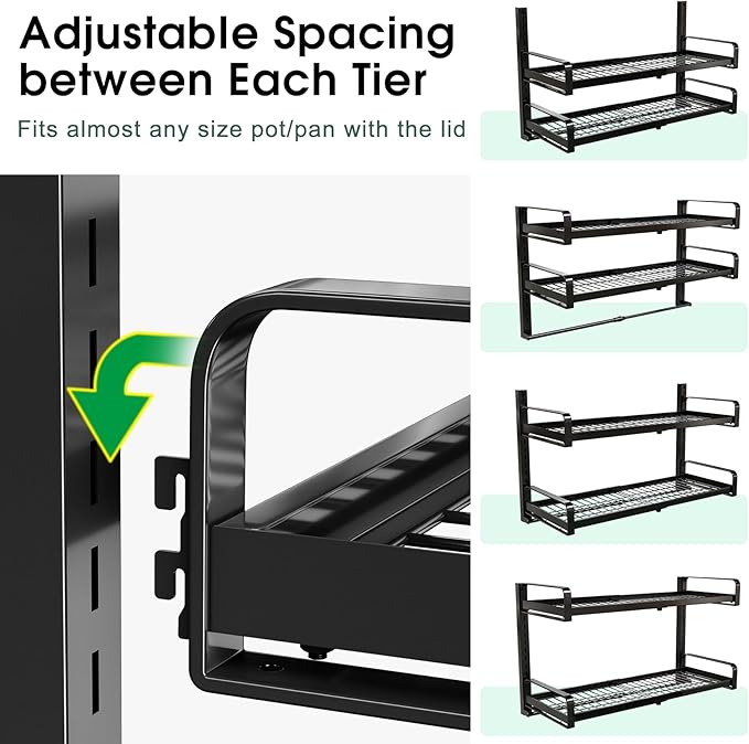 19"- 30" Expandable Hanging Pot Rack, 2 Tier Heavy Duty Wall Mounted Pots and Pans Organizer with 10 Hooks and 5 Pot Lid Holders, Pot Hanger Shelf for Kitchen Cookware Utensils Organizers and Storage