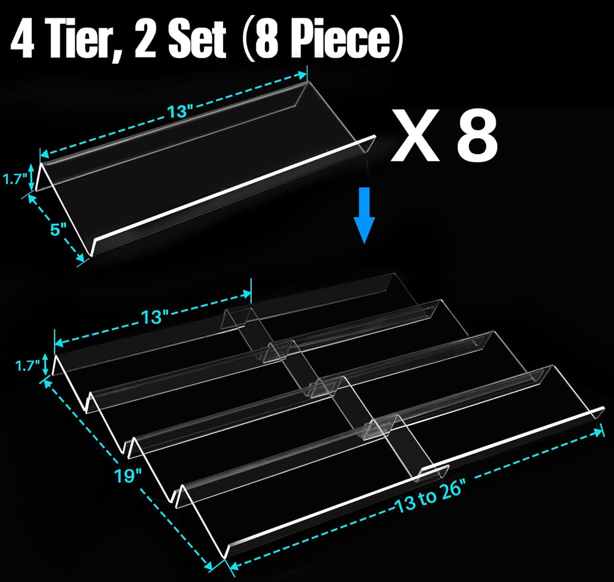 Antimbee Spice Drawer Organizer, 4 Tier- 8 Pack Kitchen Spice Rack Tray for Drawer, Expandable From 13" to 26" Acrylic Seasoning Organizer Rack Holds up 56 Spice Jars (Jars not Include)